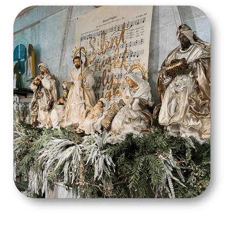 Large Nativity scene with figures and sheet music in the moments of thyme room in christmas land at Dewayne's in Selma, NC minutes from Raleigh, Cary, Clayton, Garner, Smithfield, Goldsboro