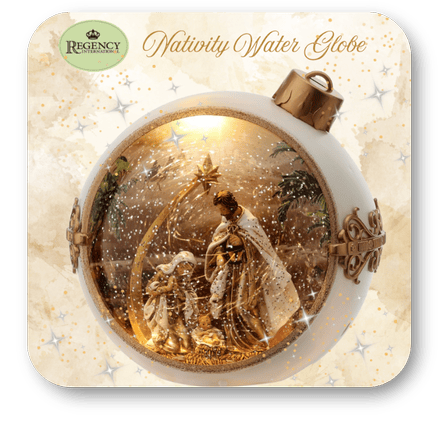 Regency Nativity lighted water globe with a gold and white color scheme in the grand entrance room of christmas land at Dewayne's in Selma, NC minutes from Raleigh, Cary, Clayton, Garner, Smithfield, Goldsboro