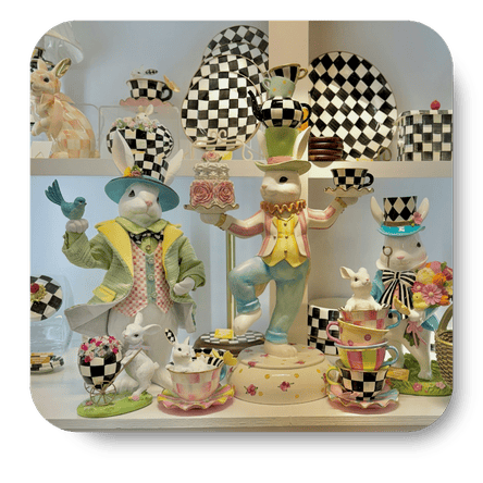 MacKenzie Childs easter theme ceramic dinnerware  and accessories in the gift shop at Dewayne's in Selma, NC minutes from Raleigh, Cary, Clayton, Garner, Smithfield, Goldsboro