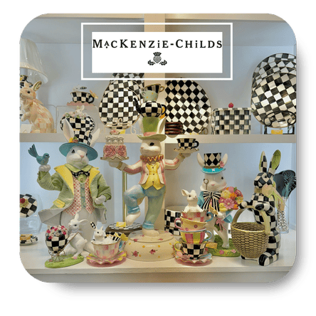 MacKenzie Childs easter theme ceramic dinnerware  and accessories in the gift shop at Dewayne's in Selma, NC minutes from Raleigh, Cary, Clayton, Garner, Smithfield, Goldsboro