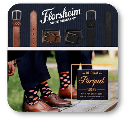 Florsheim belt display with man wearing  'Parquet Socks' at the men's shoppe in Dewayne's in Selma, NC minutes from Raleigh, Cary, Clayton, Garner, Smithfield, Goldsboro