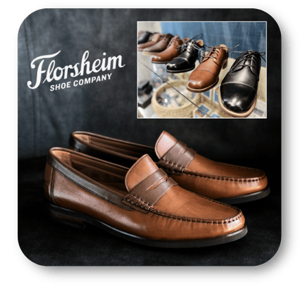Brown loafers with Florsheim Shoe Company logo and inset of shoes on a dark background in the men's shoppe at Dewayne's in Selma, NC minutes from Raleigh, Cary, Clayton, Garner, Smithfield, Goldsboro