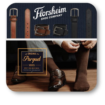 Florsheim belt display with man wearing  'Parquet Socks' at the men's shoppe in Dewayne's in Selma, NC minutes from Raleigh, Cary, Clayton, Garner, Smithfield, Goldsboro