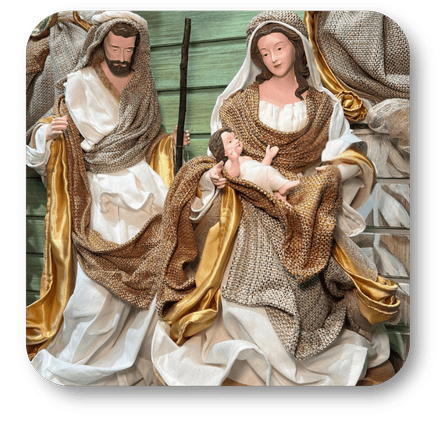 Decorative figurine of a nativity scene with Mary, Joseph, and baby Jesus in the moments of thyme room in christmas land 2025 at Dewayne's in Selma, NC minutes from Raleigh, Cary, Clayton, Garner, Smithfield, Goldsboro