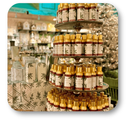 Christmas scents, Thymes Frasier fir scented spray, diffusers, candles  in the moments of thyme room in christmas land at Dewayne's in Selma, NC minutes from Raleigh, Cary, Clayton, Garner, Smithfield, Goldsboro