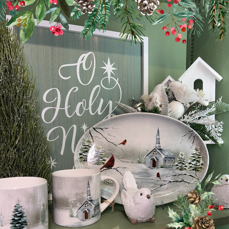 Snowy Christmas-themed decor mugs, plates  in the moments of thyme room in christmas land 2025 at dewayne's