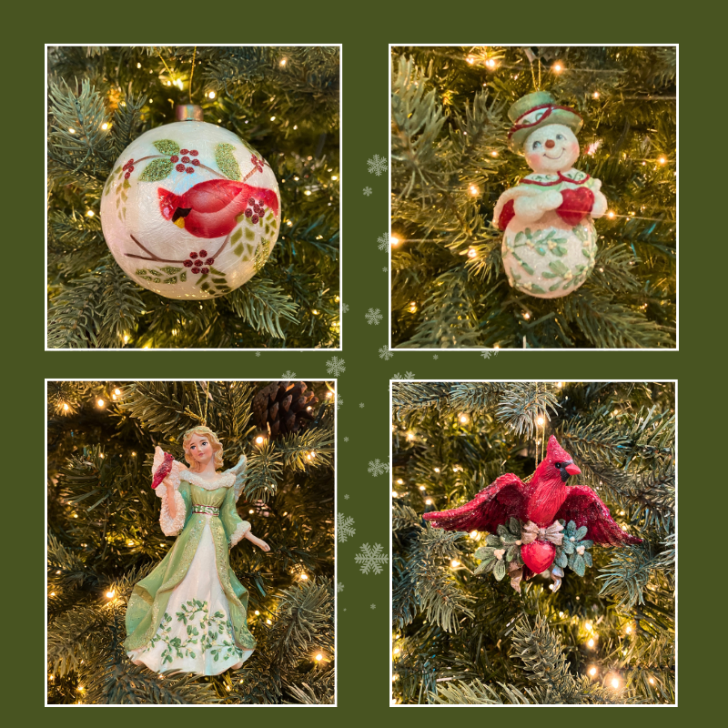 Collage of Christmas ornaments including a ball with cardinal, snowman, angel, and cardinal on a decorated tree  in the moments of thyme room in christmas land 2025 at dewayne's