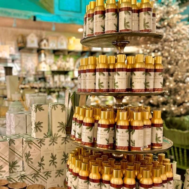 Christmas scents, Thymes Frasier fir scented spray, diffusers, candles  in the moments of thyme room in christmas land 2025 at dewayne's