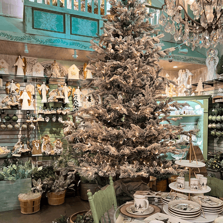 Frosty christmas tree and manger serveware set in the moments in thyme room in christmas land at dewayne's in selma, nc