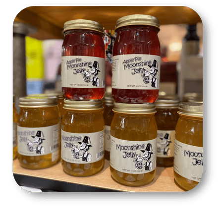 Jars of Moonshine Jelly in the gift shop at Dewayne's in Selma, NC minutes from Raleigh, Cary, Clayton, Garner, Smithfield, Goldsboro