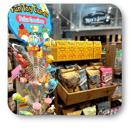 Display of candy and snacks with a 'Fun Toy Candy' sign in the sweet shop at Dewayne's in Selma, NC minutes from Raleigh, Cary, Clayton, Garner, Smithfield, Goldsboro