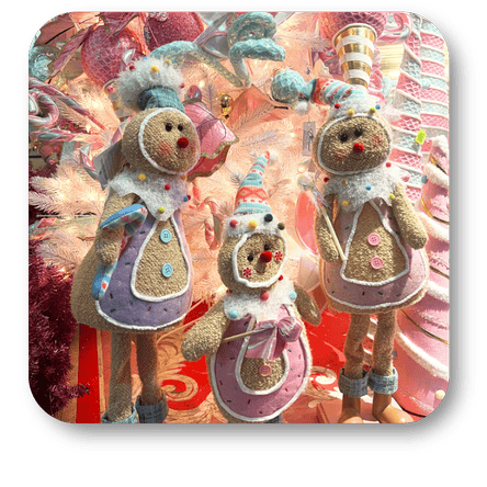 Decorative pastel gingerbread men in the Kringle's Kitchen room in christmas land at Dewayne's in Selma, NC minutes from Raleigh, Cary, Clayton, Garner, Smithfield, Goldsboro