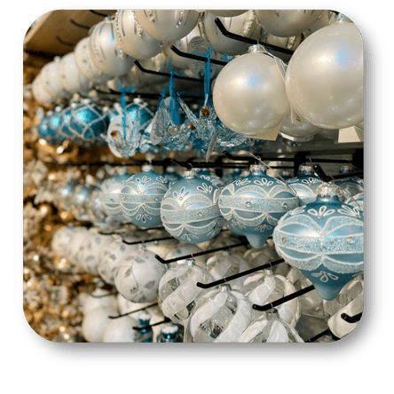 Decorative Blue and white Christmas ornaments and decorations in Christmas Land at Dewayne's in Selma, NC minutes from Raleigh, Cary, Clayton, Garner, Smithfield, Goldsboro
