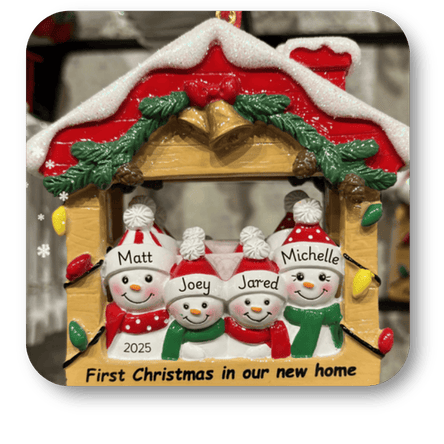 Decorative snowman family ornament to personalize in the personalization room at Dewayne's in Selma, NC minutes from Raleigh, Cary, Clayton, Garner, Smithfield, Goldsboro