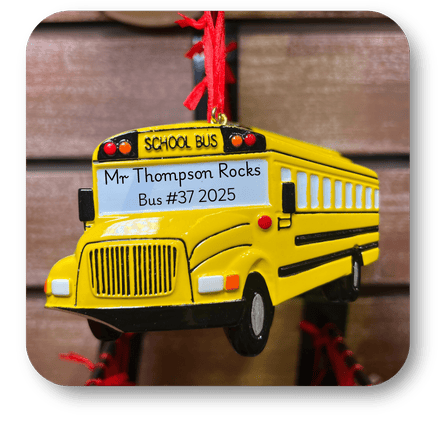 Yellow school bus ornament to personalize in christmas land at Dewayne's in Selma, NC minutes from Raleigh, Cary, Clayton, Garner, Smithfield, Goldsboro