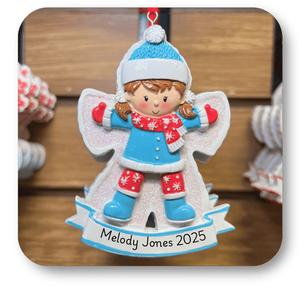 snow angel ornament to personalize in christmas land at Dewayne's in Selma, NC minutes from Raleigh, Cary, Clayton, Garner, Smithfield, Goldsboro