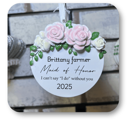Decorative wedding ornament with pink and white flowers and personalized text at Dewayne's in Selma, NC minutes from Raleigh, Cary, Clayton, Garner, Smithfield, Goldsboro