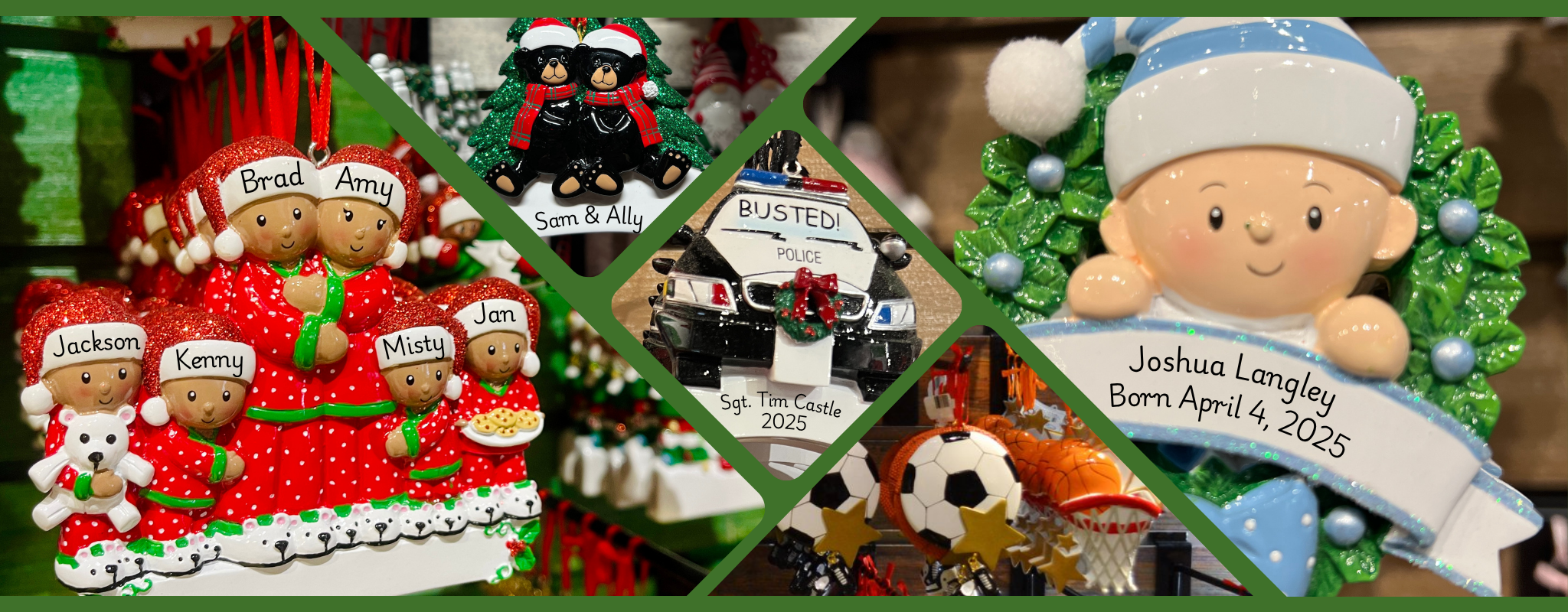 Banner Collage for the personalization station room of personalized Christmas ornaments in christmas land 2025 at dewayne's