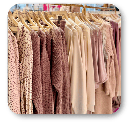 Row of hangers with various knitted pink sweaters and loungewear in the boutique at Dewayne's in Selma, NC minutes from Raleigh, Cary, Clayton, Garner, Smithfield, Goldsboro
