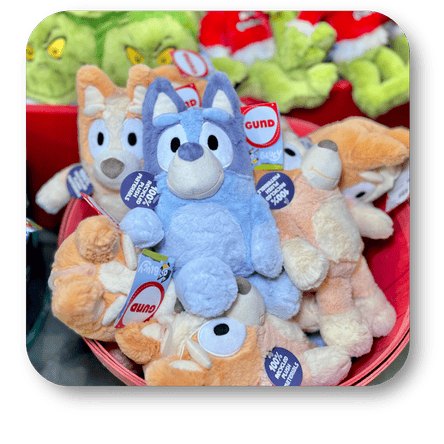 Plush Bluey toys  in santa's workshop at Dewayne's in Selma, NC minutes from Raleigh, Cary, Clayton, Garner, Smithfield, Goldsboro