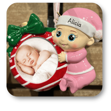 Decorative baby ornament to personalize in the personalization room at Dewayne's in Selma, NC minutes from Raleigh, Cary, Clayton, Garner, Smithfield, Goldsboro