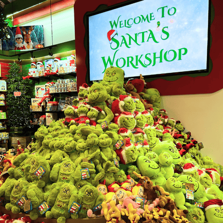 mountain of Grinch plush animals in santa's workshop in christmas land at dewayne's in selma, NC