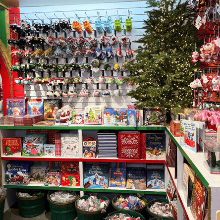 Christmas childrens books, toys and ornaments in santa's workshop in christmas land at dewayne's in selma, NC