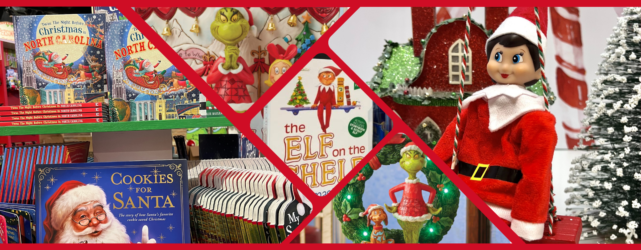 Banner Collage for santa's workshop of Christmas-themed items including books, toys, and decorations including grinch themed items and elf on the shelf.