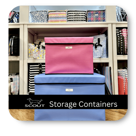 Pink and blue storage containers on a shelf with 'Scout' branding in the gift shop at Dewayne's in Selma, NC minutes from Raleigh, Cary, Clayton, Garner, Smithfield, Goldsboro