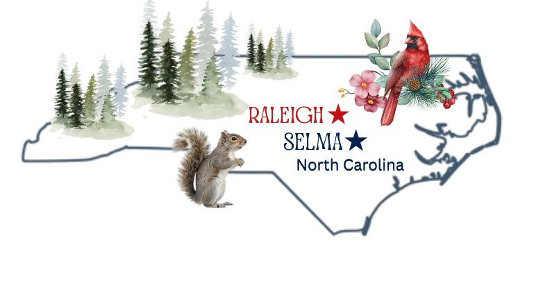 Map of North Carolina with a cardinal, squirrel, and trees marking Dewayne's in Selma, NC just minutes from Raleigh, Cary, Clayton, Garner, Smithfield and Goldsboro. 