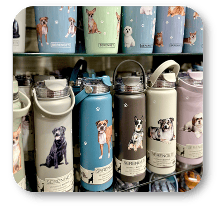 Collection of Serengeti pet themed steel water bottles at Dewayne's in Selma, NC minutes from Raleigh, Cary, Clayton, Garner, Smithfield, Goldsboro