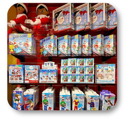 Display of Spin and soar toys and lef on a shelf  in santa's workshop at Dewayne's in Selma, NC minutes from Raleigh, Cary, Clayton, Garner, Smithfield, Goldsboro