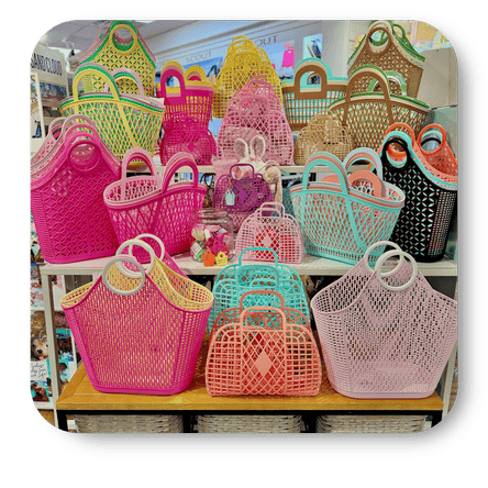Colorful waterproof beach bags and totes in the gift shop at Dewayne's in Selma, NC minutes from Raleigh, Cary, Clayton, Garner, Smithfield, Goldsboro