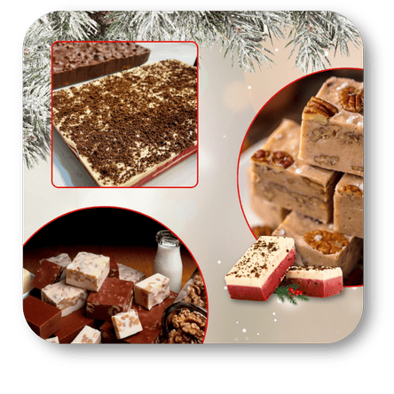 Collage of various types of fudge with a Christmas tree background in the sweet shop at Dewayne's in Selma, NC minutes from Raleigh, Cary, Clayton, Garner, Smithfield, Goldsboro
