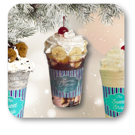 Decorative Christmas background with milkshakes with whipped cream, bananas, and a cherry on top, featuring a 'The Sweet Shop' label in the sweet shop at Dewayne's in Selma, NC minutes from Raleigh, Cary, Clayton, Garner, Smithfield, Goldsboro