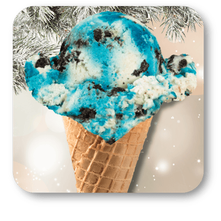 Blue Panda ice cream with cookie pieces in a waffle cone on a snowy background in the sweet shop at Dewayne's in Selma, NC minutes from Raleigh, Cary, Clayton, Garner, Smithfield, Goldsboro