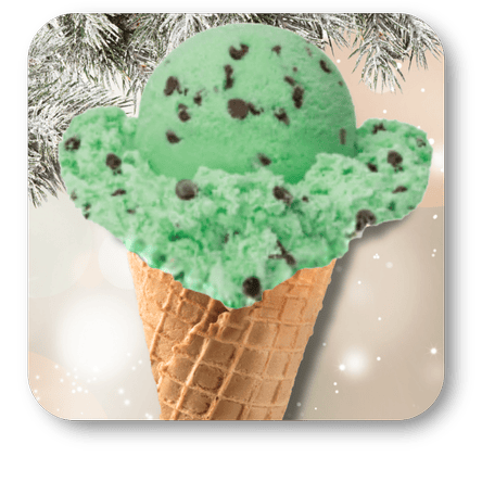 Green Mint ice cream cone with chocolate chips on a snowy background in the sweet shop at Dewayne's in Selma, NC minutes from Raleigh, Cary, Clayton, Garner, Smithfield, Goldsboro