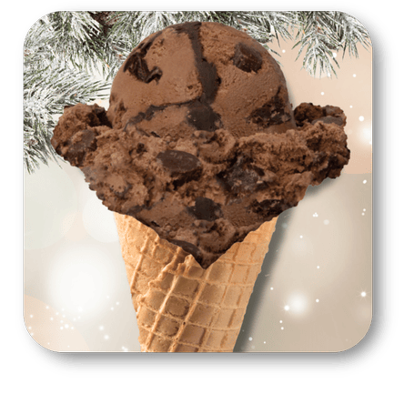 Moose Tracks ice cream cone with a waffle base against a snowy background in the sweet shop at Dewayne's in Selma, NC minutes from Raleigh, Cary, Clayton, Garner, Smithfield, Goldsboro