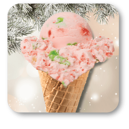 Peppermint Stick Ice cream cone against a snowy background in the sweet shop at Dewayne's in Selma, NC minutes from Raleigh, Cary, Clayton, Garner, Smithfield, Goldsboro
