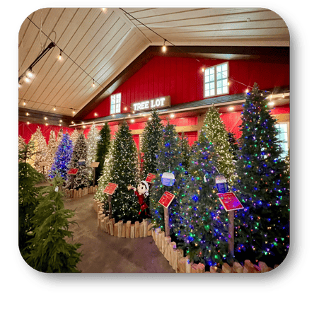 Display of decorated Christmas trees at Dewayne's in Selma, NC minutes from Raleigh, Cary, Clayton, Garner, Smithfield, Goldsboro