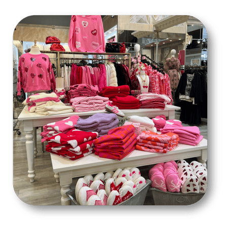 Display of fun ladies Valentines sweaters and slippers  in the boutique at Dewayne's in Selma, NC minutes from Raleigh, Cary, Clayton, Garner, Smithfield, Goldsboro