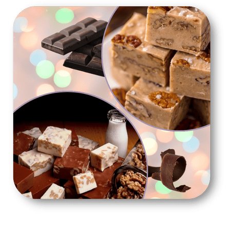 Collage of fudge in the sweet shop at Dewayne's in Selma, NC minutes from Raleigh, Cary, Clayton, Garner, Smithfield, Goldsboro