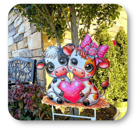 Valentines outdoor metal signs and decor in the greenhouse atrium at Dewayne's in Selma, NC minutes from Raleigh, Cary, Clayton, Garner, Smithfield, Goldsboro