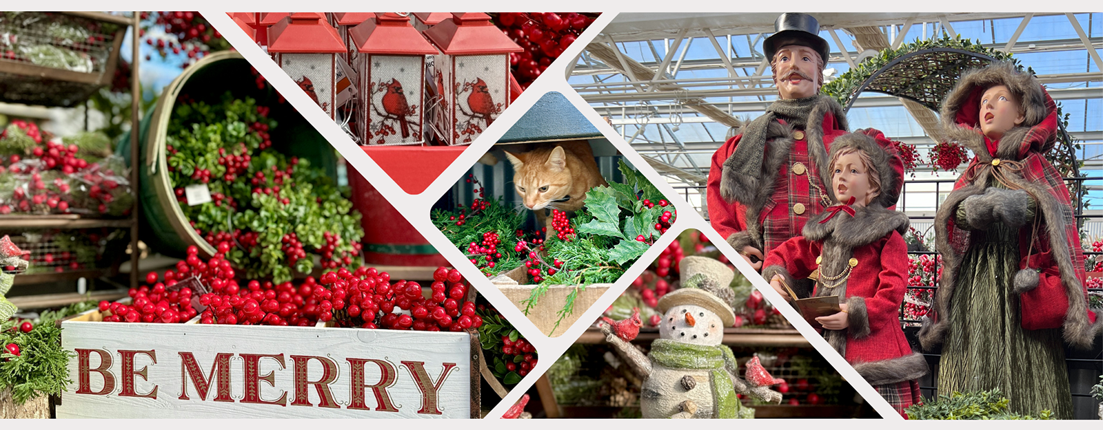 Collage of holiday-themed items in the Garden center at Dewayne's in Selma, NC minutes from Raleigh, Cary, Clayton, Garner, Smithfield, Goldsboro