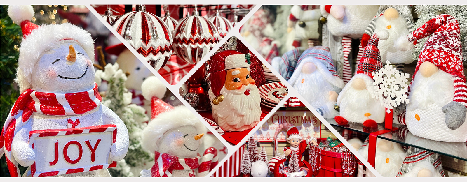 Collage of Christmas-themed decorations including snowmen, Santa Claus, and gift boxes in the wrapped in red room in christmas land 2025 at Dewayne's in Selma, NC minutes from Raleigh, Cary, Clayton, Garner, Smithfield, Goldsboro