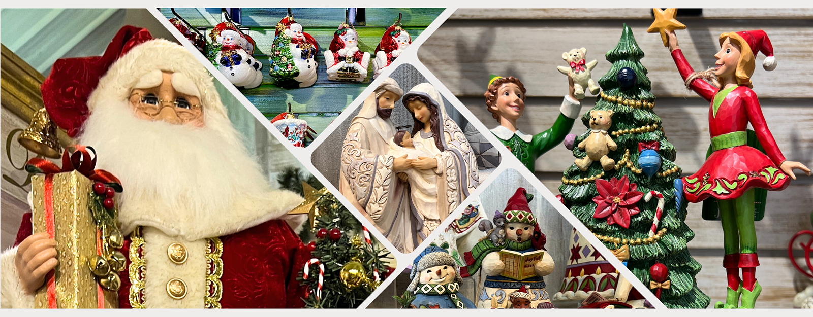 Collage of Christmas-themed figurines including Santa Claus, elves, and a nativity scene in the timeless treasures room in christmas land 2025 at Dewayne's in Selma, NC minutes from Raleigh, Cary, Clayton, Garner, Smithfield, Goldsboro