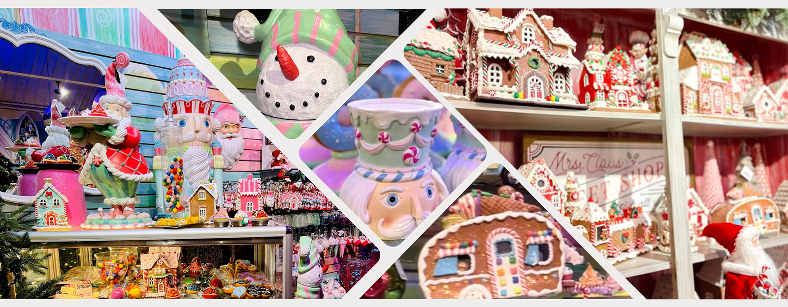 Collage of various gingerbread houses and festive decorations in Kringle's kitchen in christmas land 2025 at Dewayne's in Selma, NC minutes from Raleigh, Cary, Clayton, Garner, Smithfield, Goldsboro