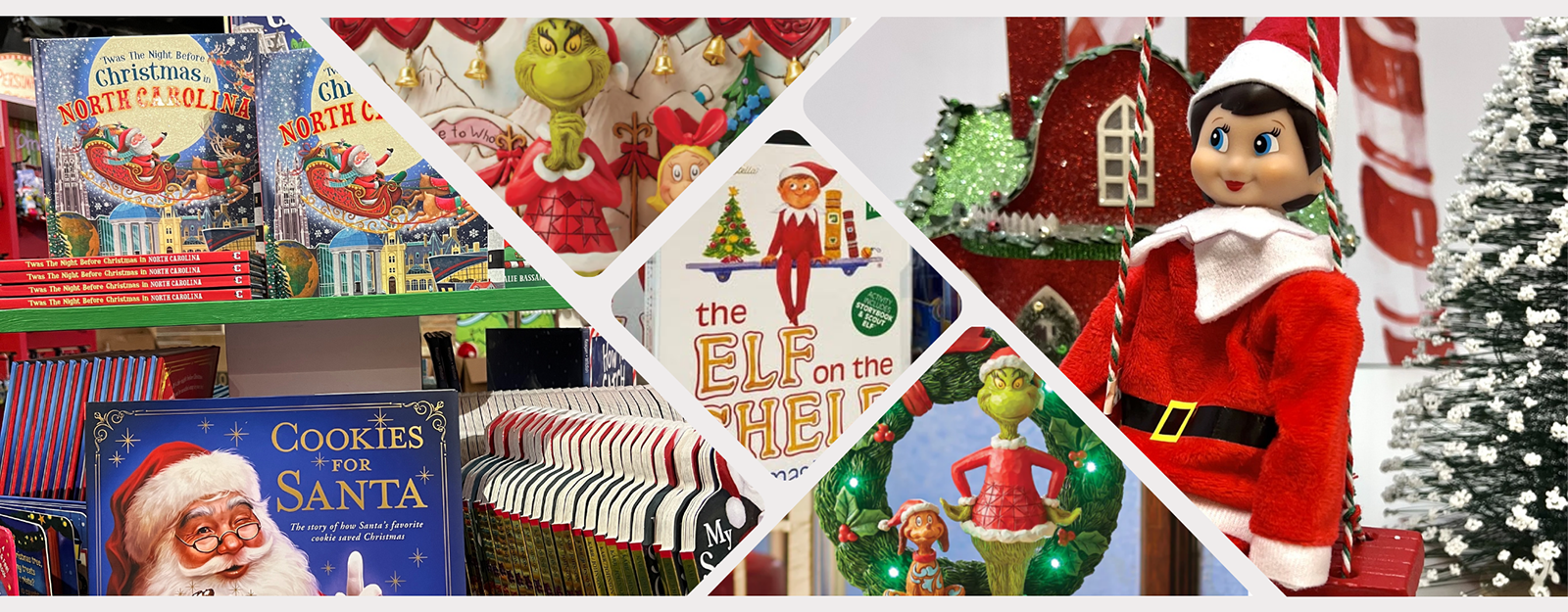 Collage of Christmas-themed items including Santa Claus, Elf on the Shelf, toys and holiday decorations in santa's workshop in christmas land 2025 at Dewayne's in Selma, NC minutes from Raleigh, Cary, Clayton, Garner, Smithfield, Goldsboro