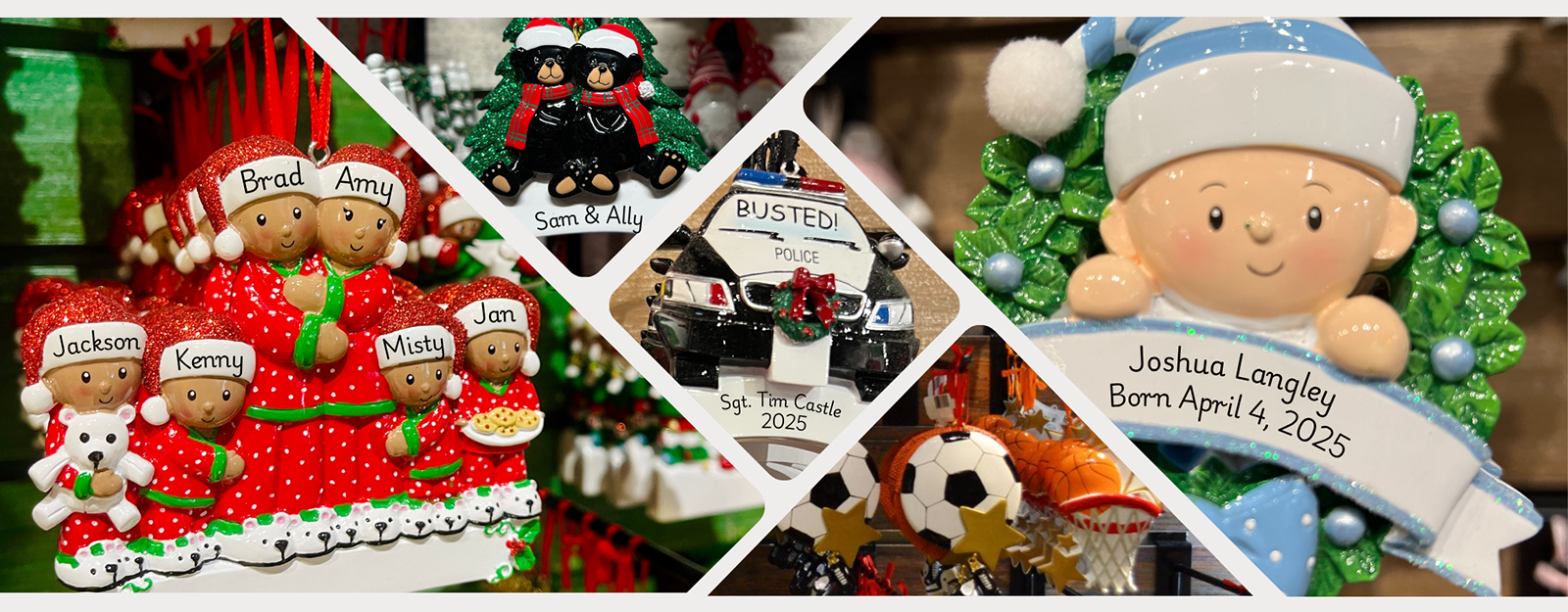 Collage of personalized Christmas ornaments with family names and dates in the personalization station in christmas land 2025 at Dewayne's in Selma, NC minutes from Raleigh, Cary, Clayton, Garner, Smithfield, Goldsboro