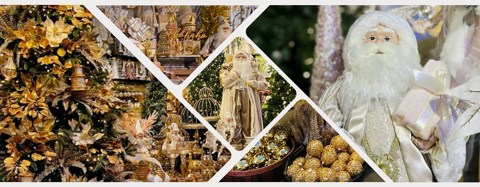 collage banner of golden decor for the Gold & Glamour room in christmas land 2025 at Dewayne's in Selma, NC minutes from Raleigh, Cary, Clayton, Garner, Smithfield, Goldsboro
